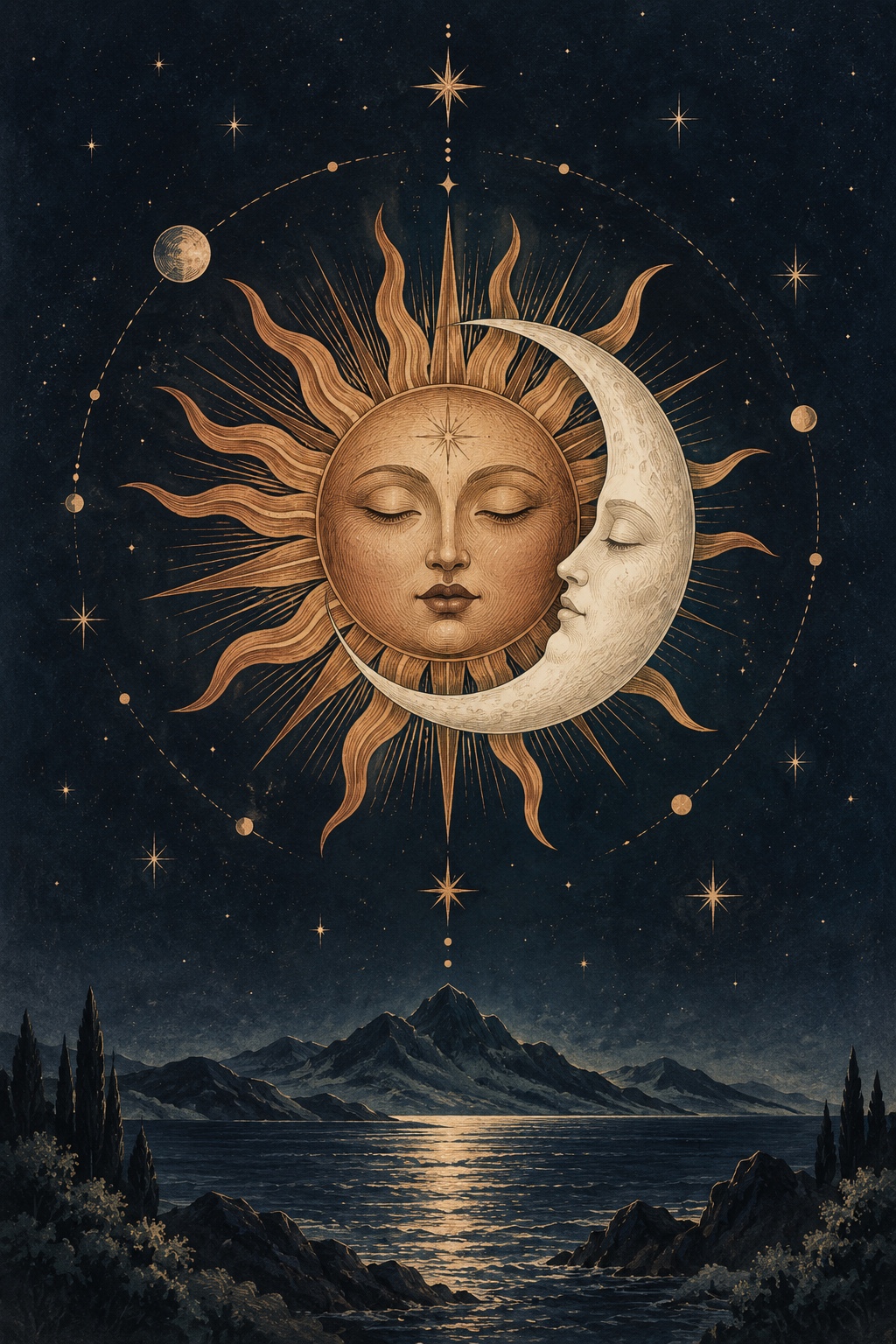 Un Soleil cuivré et un croissant de Lune au-dessus d’un lac étoilé.